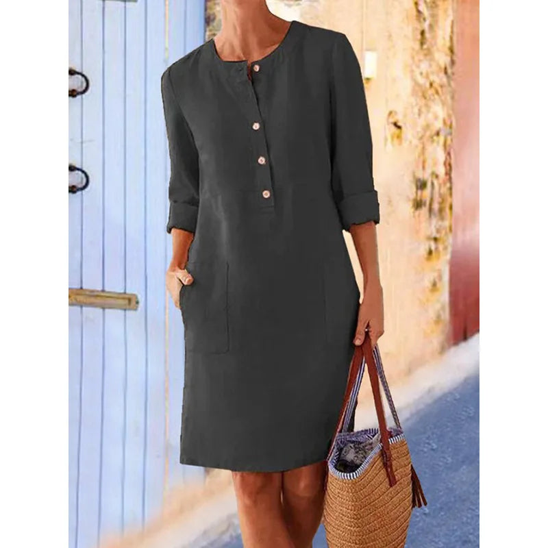 Liu Ming Wholesale Spring Elegant Women Round Neck Long Sleeve Cotton Linen Casual Midi Dress