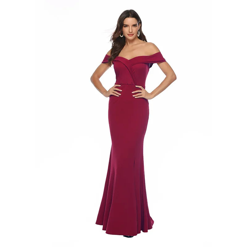 S-2XL Spring and Summer New One-shoulder V-neck Split Dress Banquet Evening Dress Women's Floor-length Dress