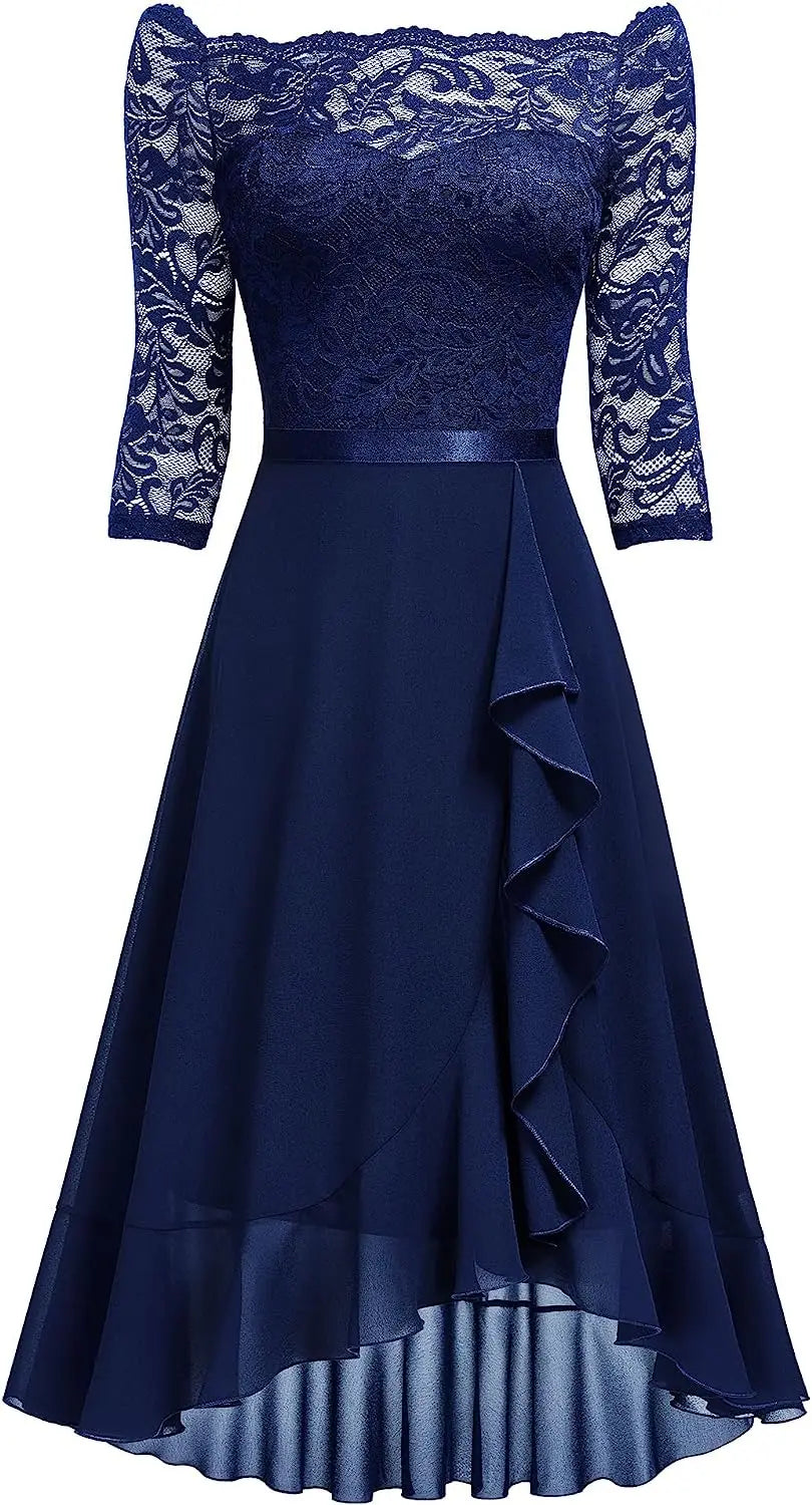 Off Shoulder Floral Lace Front Split Three Quarter Sleeves Bridesmaid Party Dress