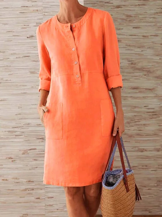 Liu Ming Wholesale Spring Elegant Women Round Neck Long Sleeve Cotton Linen Casual Midi Dress