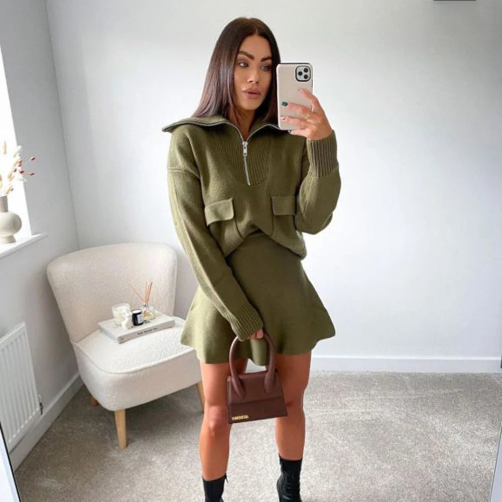 Knitted Skirt Suits For Women Two Piece Set Women Skirt Zipper Solid Color Tops High-Waisted Mini Skirt 2021 Women Knitted Suit
