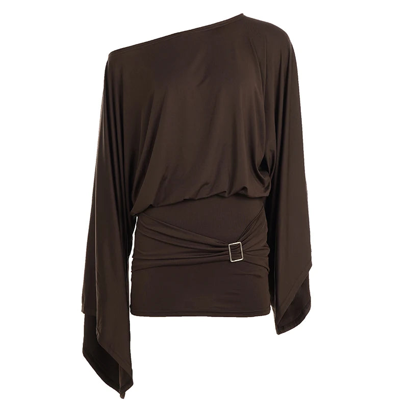 Street Style Women's Dress, Sexy Off-Shoulder Bodycon Party Gown with Bat Sleeves & Metal Buttons