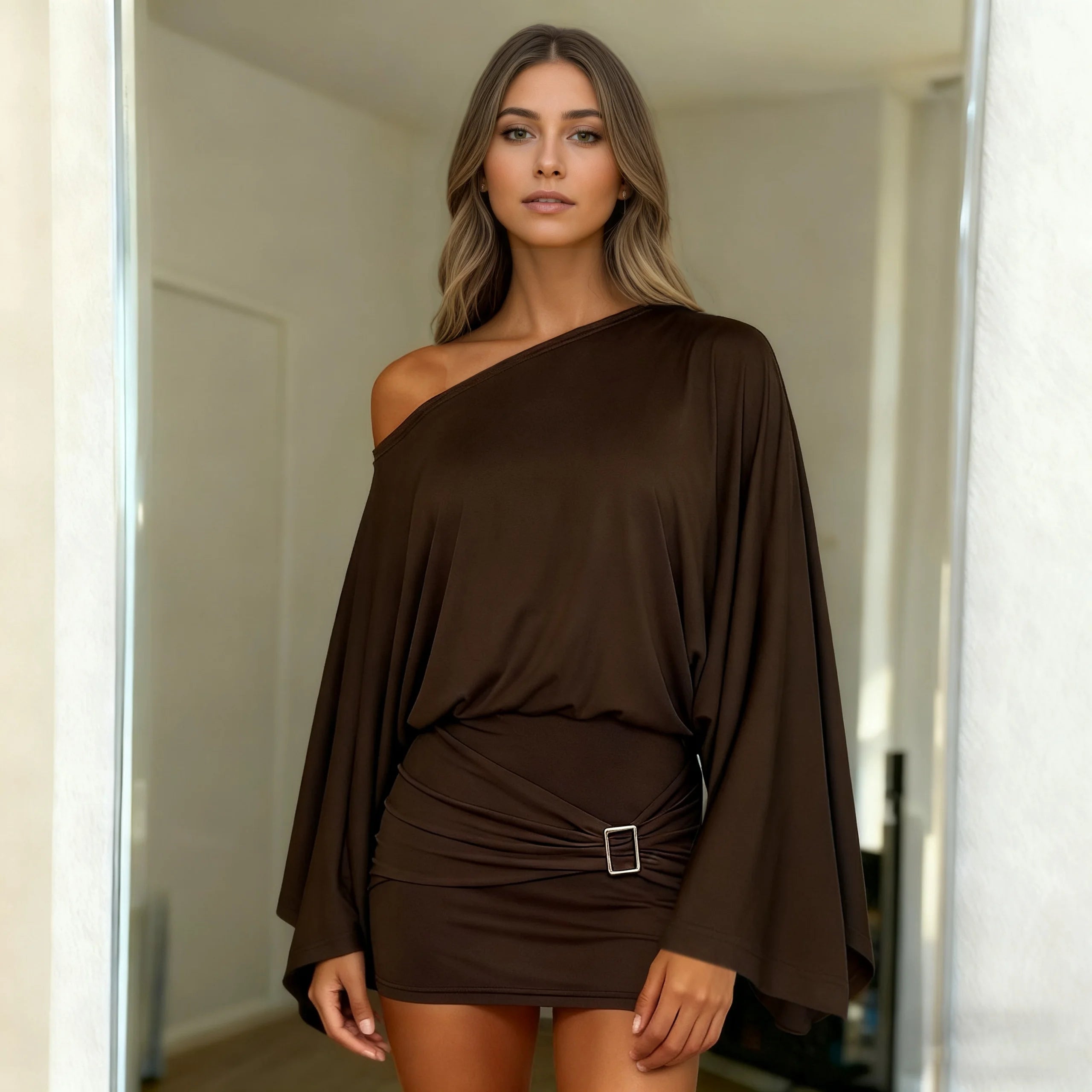 Street Style Women's Dress, Sexy Off-Shoulder Bodycon Party Gown with Bat Sleeves & Metal Buttons