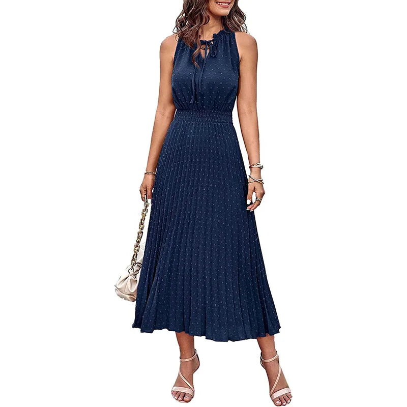 RNSHANGER Women's Casual Midi Summer Dress Cowl Neck  With Swiss Dot Ruffle Sleeve A-Line Beach Sun Dress for Women