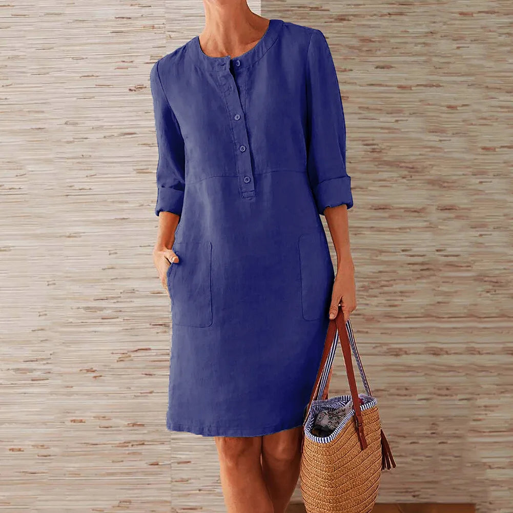 Liu Ming Wholesale Spring Elegant Women Round Neck Long Sleeve Cotton Linen Casual Midi Dress