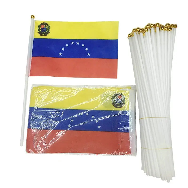 Venezuela Hand Flag 14*21cm 10/20/50/100pcs polyester Venezuela Small Hand waving Flag with plastic flagpole for decoration