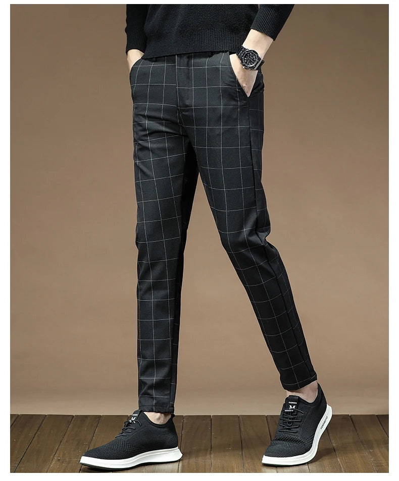 Men's Dress Pants Fashion Plaid Stripe Business Slim Fit Office Classic Retro Suit Pant Korean British Style Wedding Trousers