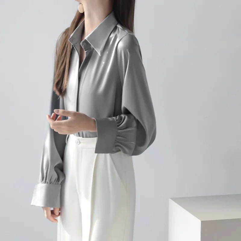 Women's Summer Collection New Arrivals Long Sleeve Casual Dresses Breathable Button Satin Fashionable Shirts