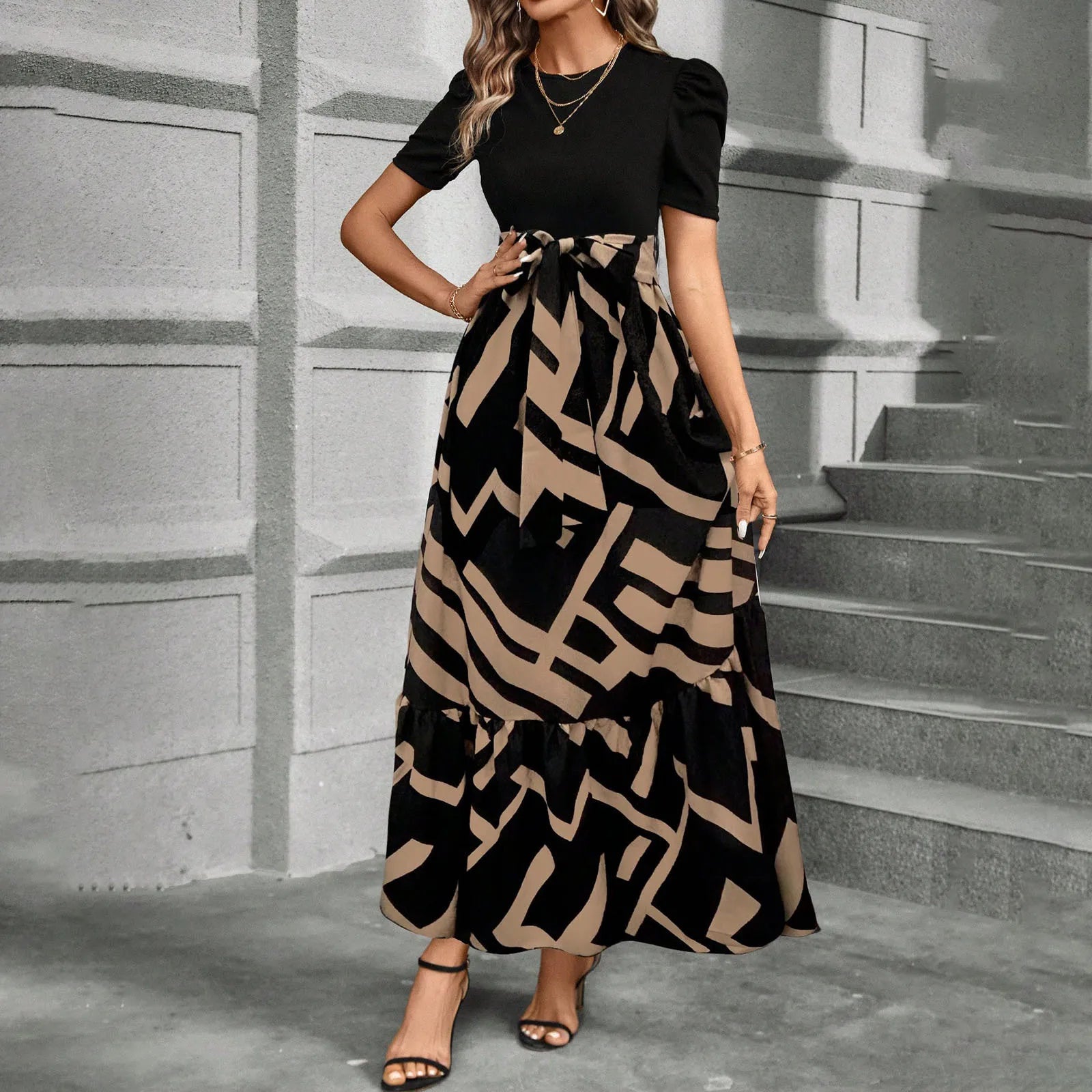 European and American Women's Flower Printed Dresses High Waist Fashion Elegant Temperament Short Sleeve Dress