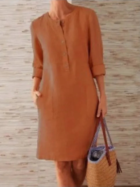 Liu Ming Wholesale Spring Elegant Women Round Neck Long Sleeve Cotton Linen Casual Midi Dress