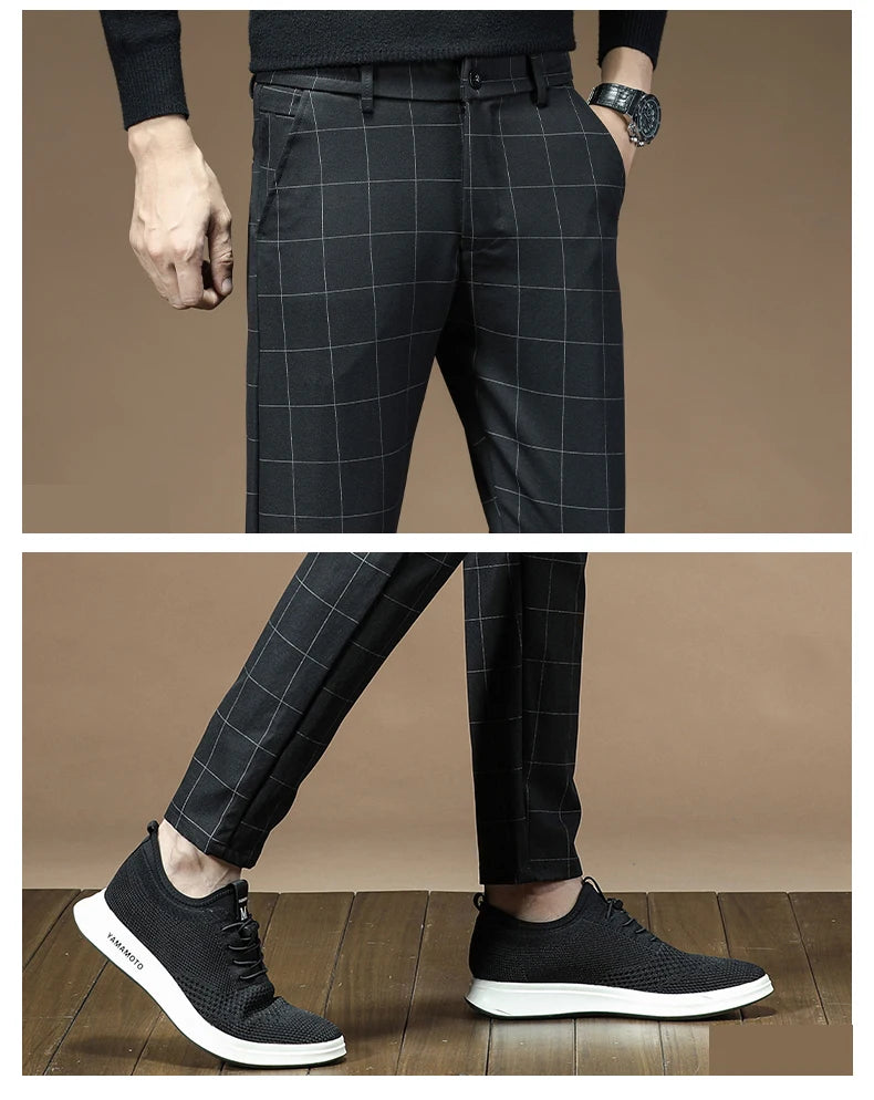Men's Dress Pants Fashion Plaid Stripe Business Slim Fit Office Classic Retro Suit Pant Korean British Style Wedding Trousers
