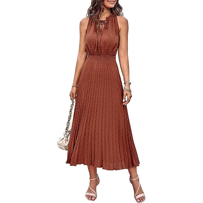 RNSHANGER Women's Casual Midi Summer Dress Cowl Neck  With Swiss Dot Ruffle Sleeve A-Line Beach Sun Dress for Women