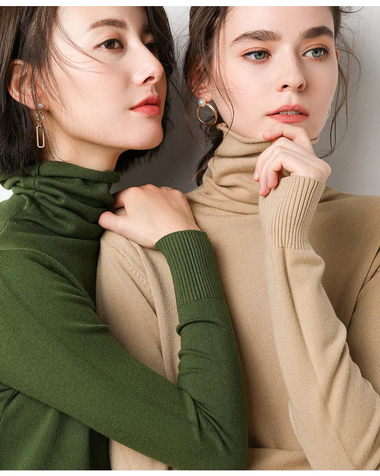 Turtleneck Women Sweater Warm Winter Solid Korean Stretch Slim Lady Jumpers Cashmere Black Sweater Pullover Femme Basic Knitwear