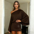 Street Style Women's Dress, Sexy Off-Shoulder Bodycon Party Gown with Bat Sleeves & Metal Buttons