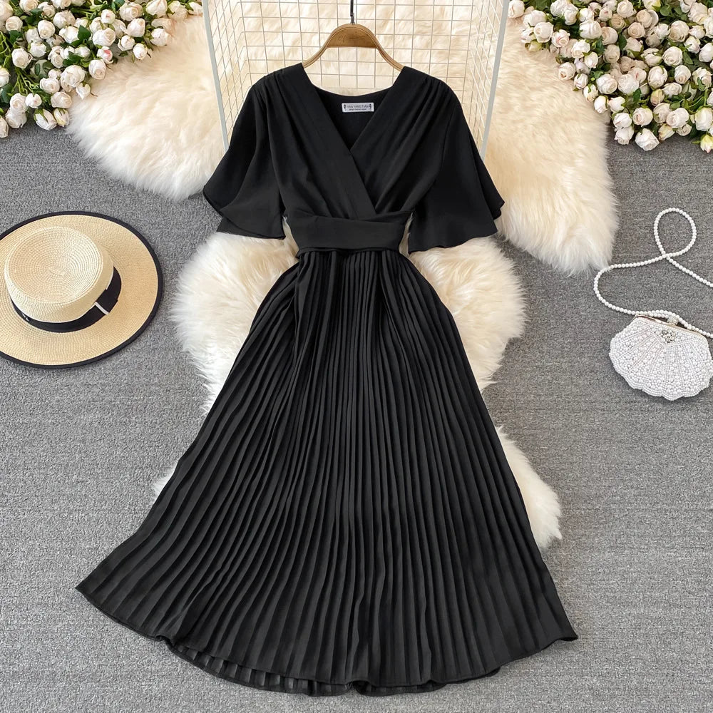 Women Puff Sleeve Dress Solid Color Bow Casual Fashion Summer High Waist Dress V-neck Midi A-line Dresses Ladies