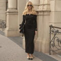 off Shoulder Bodycon Maxi Dress 2025 New Winter Elegant Sexy Solid Color Long Sleeve Natural Washable Daily Wear Casual Party