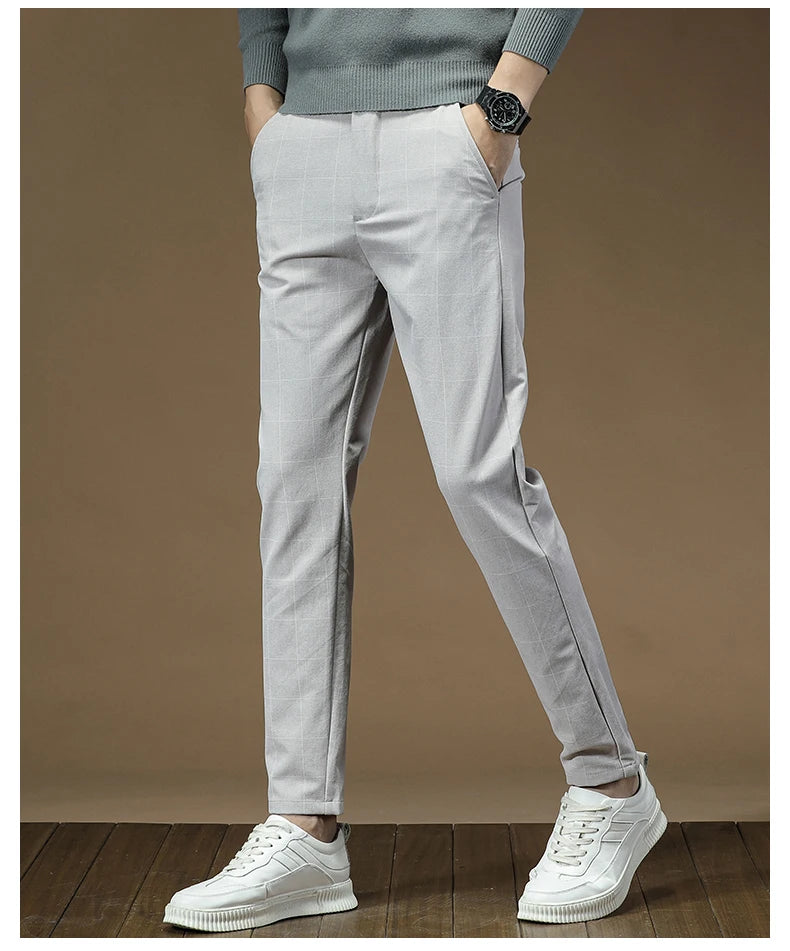 Men's Dress Pants Fashion Plaid Stripe Business Slim Fit Office Classic Retro Suit Pant Korean British Style Wedding Trousers