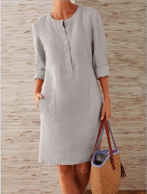 Liu Ming Wholesale Spring Elegant Women Round Neck Long Sleeve Cotton Linen Casual Midi Dress
