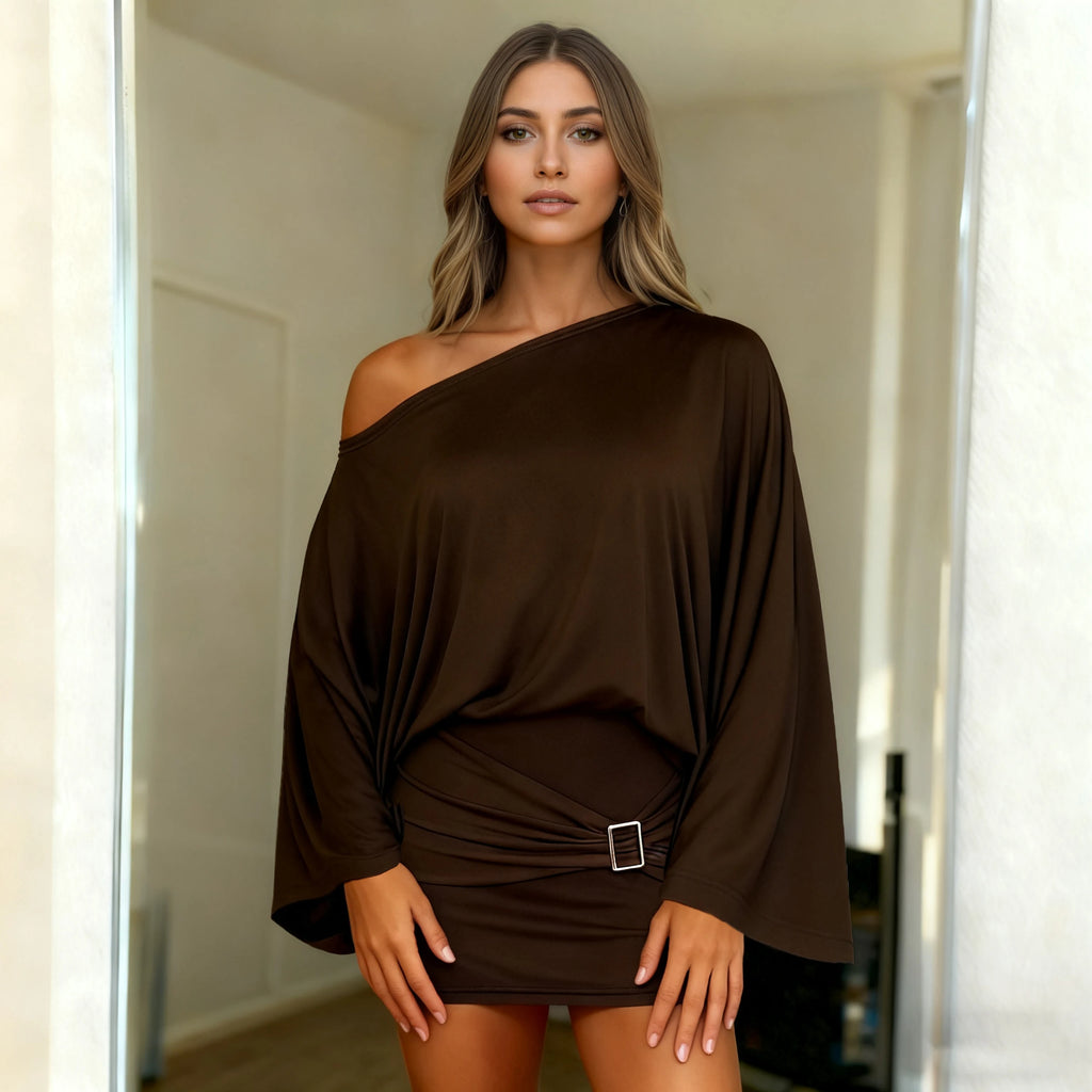 Street Style Women's Dress, Sexy Off-Shoulder Bodycon Party Gown with Bat Sleeves & Metal Buttons
