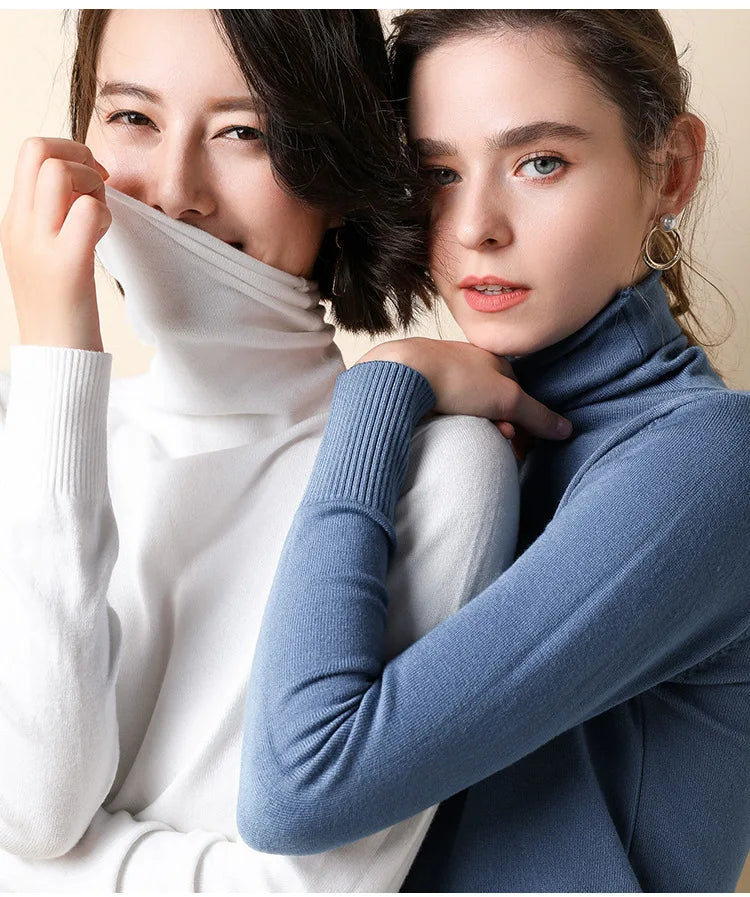 Turtleneck Women Sweater Warm Winter Solid Korean Stretch Slim Lady Jumpers Cashmere Black Sweater Pullover Femme Basic Knitwear
