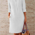 Liu Ming Wholesale Spring Elegant Women Round Neck Long Sleeve Cotton Linen Casual Midi Dress