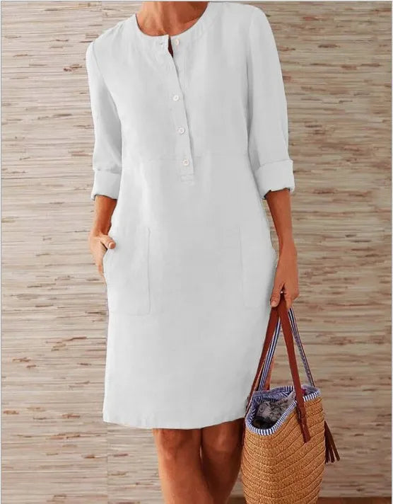 Liu Ming Wholesale Spring Elegant Women Round Neck Long Sleeve Cotton Linen Casual Midi Dress