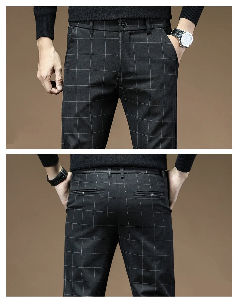 Men's Dress Pants Fashion Plaid Stripe Business Slim Fit Office Classic Retro Suit Pant Korean British Style Wedding Trousers