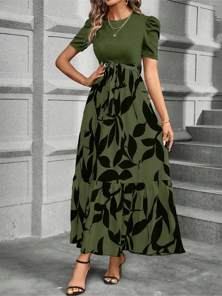 European and American Women's Flower Printed Dresses High Waist Fashion Elegant Temperament Short Sleeve Dress
