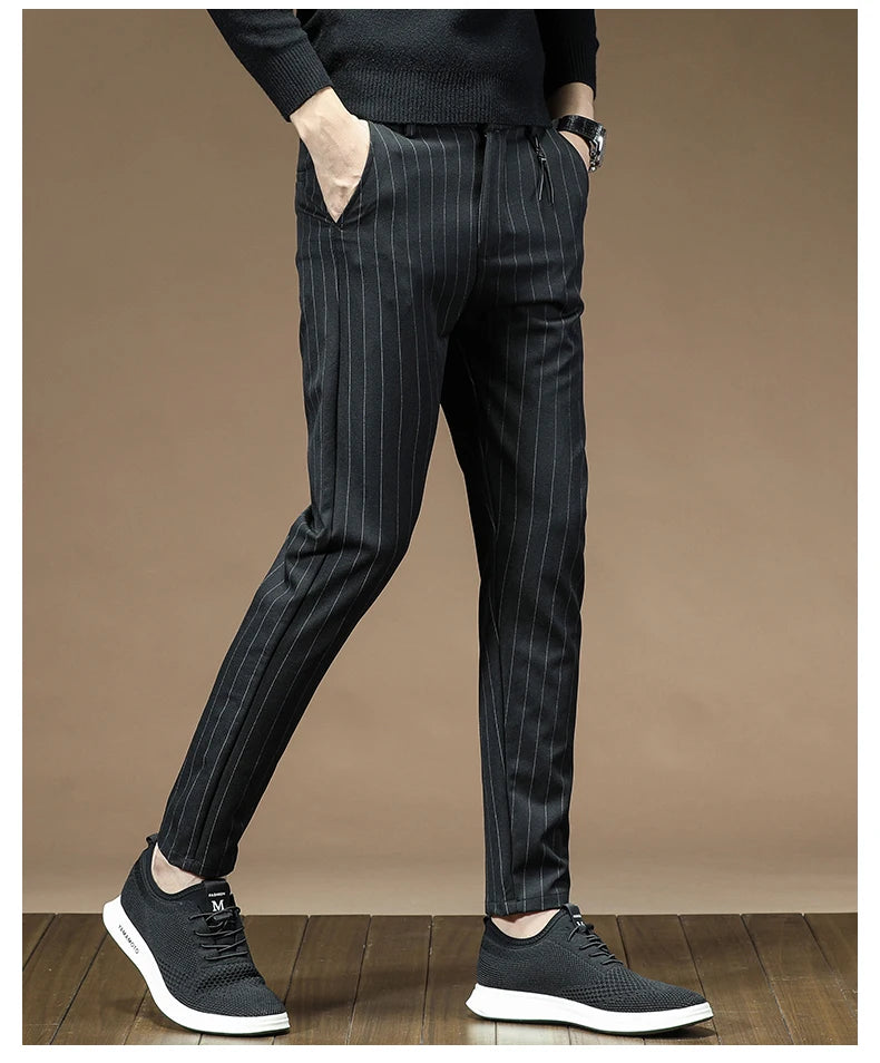 Men's Dress Pants Fashion Plaid Stripe Business Slim Fit Office Classic Retro Suit Pant Korean British Style Wedding Trousers