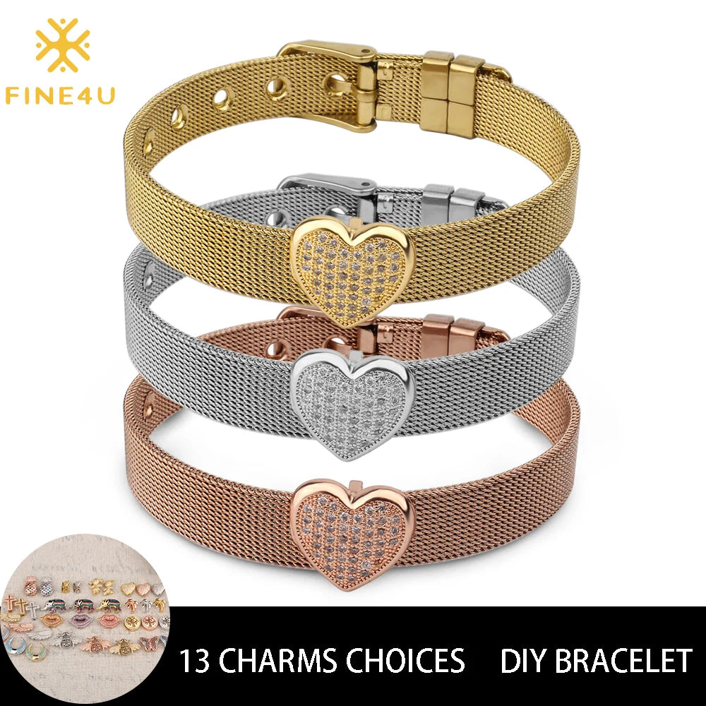 FINE4U B163 Stainless Steel Lover Heart Charms Bracelets For Men Women Luxury Crystals Wristband Male Female's DIY Jewelry