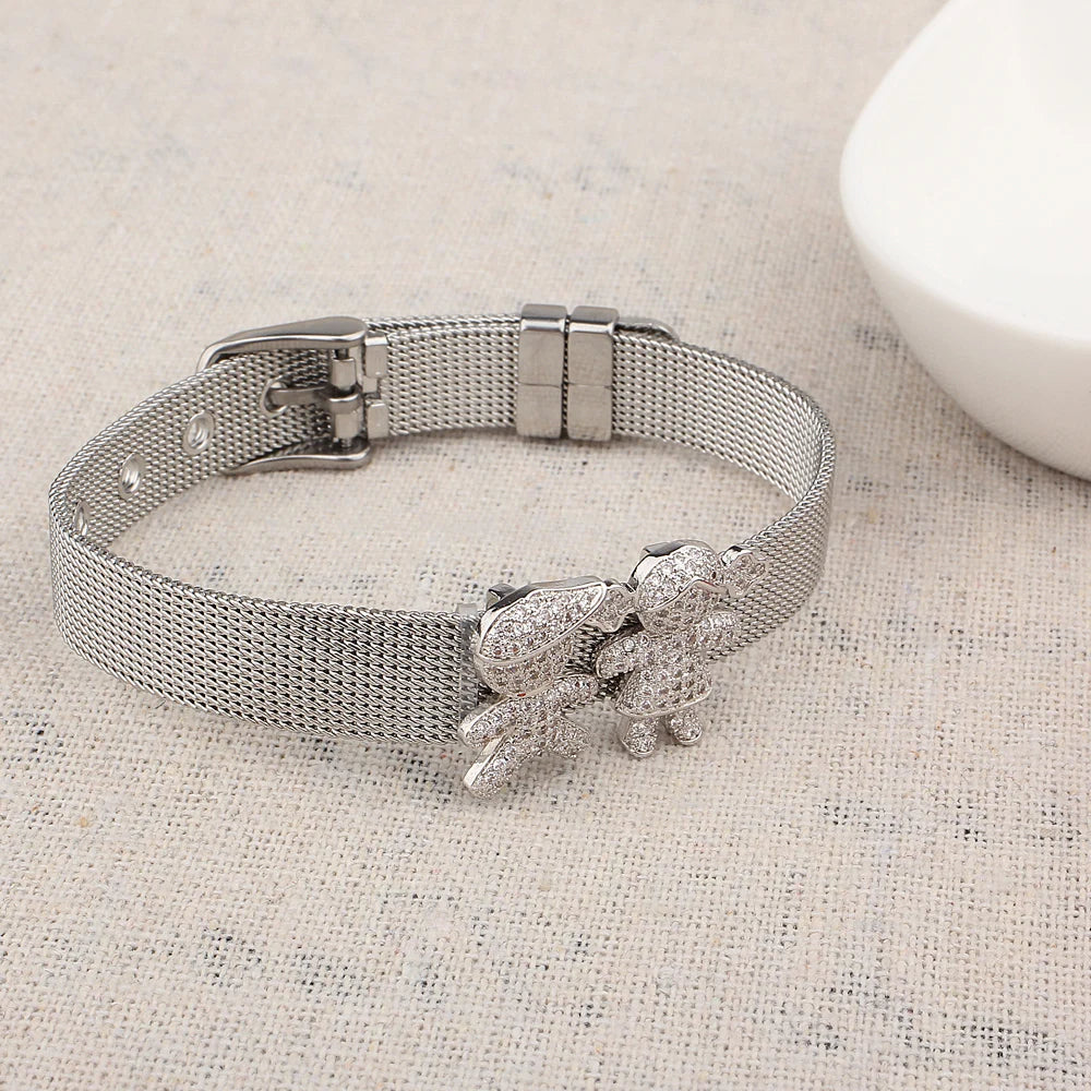 FINE4U B163 Stainless Steel Lover Heart Charms Bracelets For Men Women Luxury Crystals Wristband Male Female's DIY Jewelry