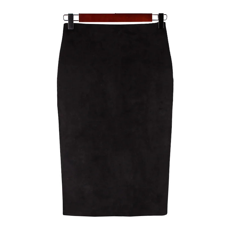 Women Skirts Suede Solid Color Pencil Skirt Female Autumn Winter High Waist Bodycon Vintage Suede Split Thick Stretchy Skirts