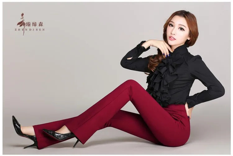 Vintage Office skinny Women Pants Trousers Zipper High Waist Pocket Flare pants formal OL Office Career Capris Work Wear Black