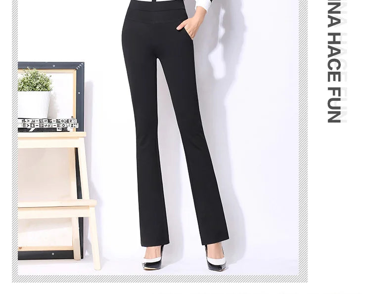 Vintage Office skinny Women Pants Trousers Zipper High Waist Pocket Flare pants formal OL Office Career Capris Work Wear Black