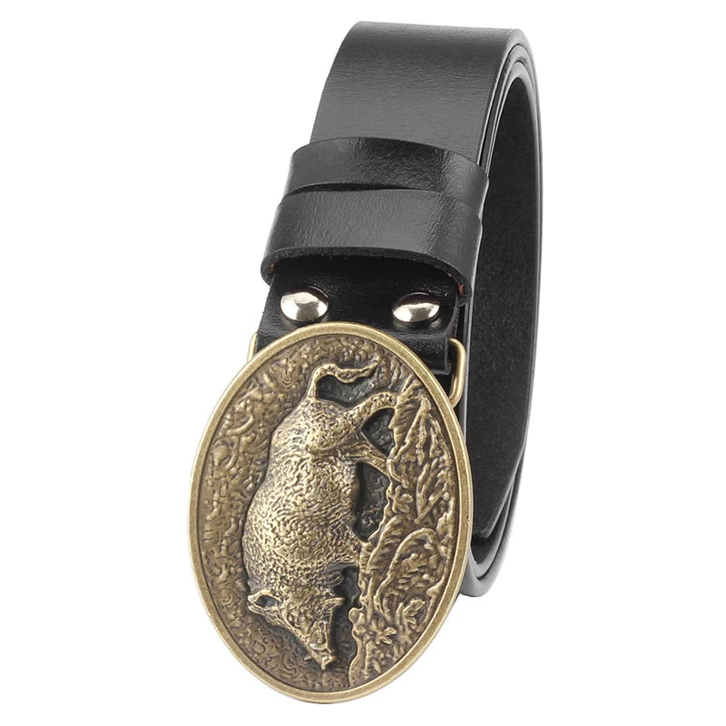 Genuine Leather male metal  belt buckle fashion strap for men gift belt Wild boar pattern