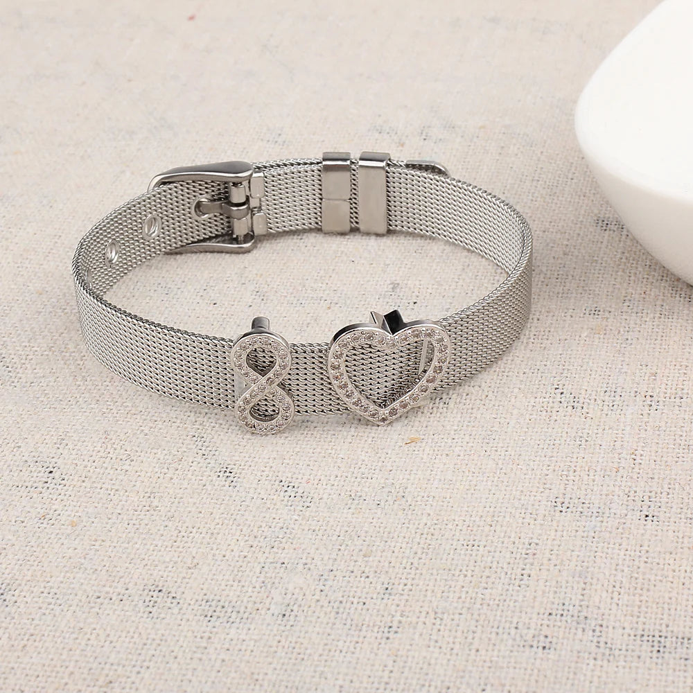 FINE4U B163 Stainless Steel Lover Heart Charms Bracelets For Men Women Luxury Crystals Wristband Male Female's DIY Jewelry
