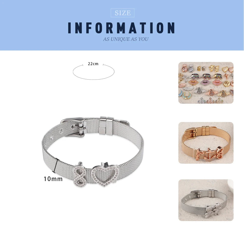 FINE4U B163 Stainless Steel Lover Heart Charms Bracelets For Men Women Luxury Crystals Wristband Male Female's DIY Jewelry