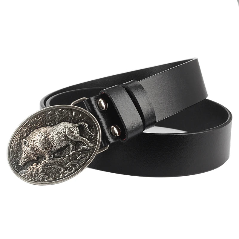 Genuine Leather male metal  belt buckle fashion strap for men gift belt Wild boar pattern