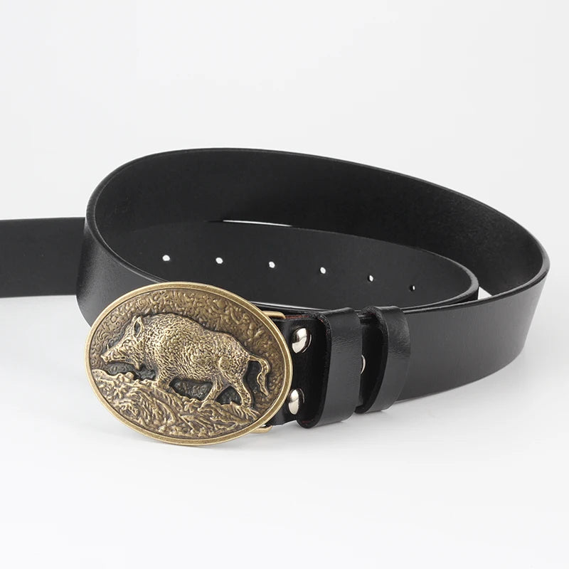 Genuine Leather male metal  belt buckle fashion strap for men gift belt Wild boar pattern