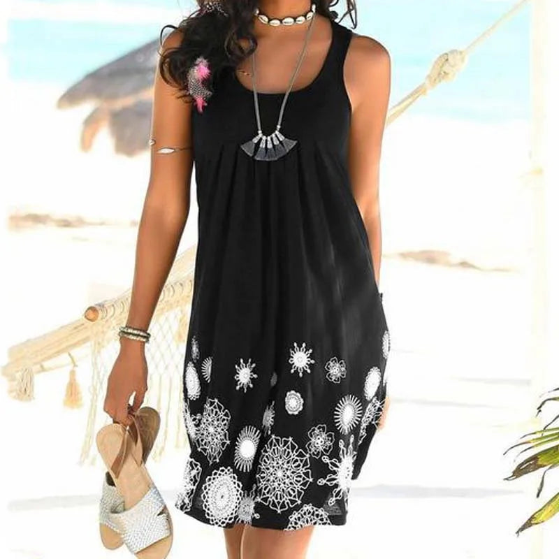 Summer New Sleeveless Round Neck Temperament Print Large Size Women's Dress