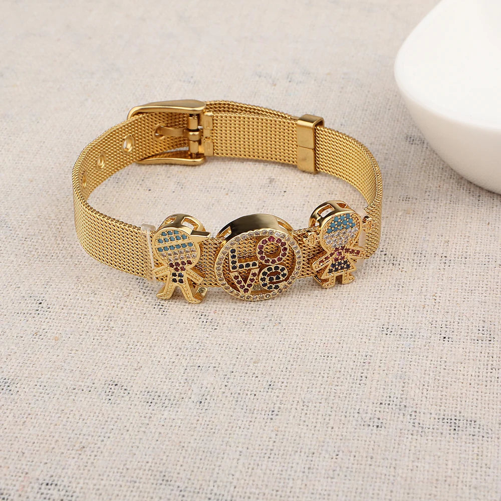 FINE4U B163 Stainless Steel Lover Heart Charms Bracelets For Men Women Luxury Crystals Wristband Male Female's DIY Jewelry