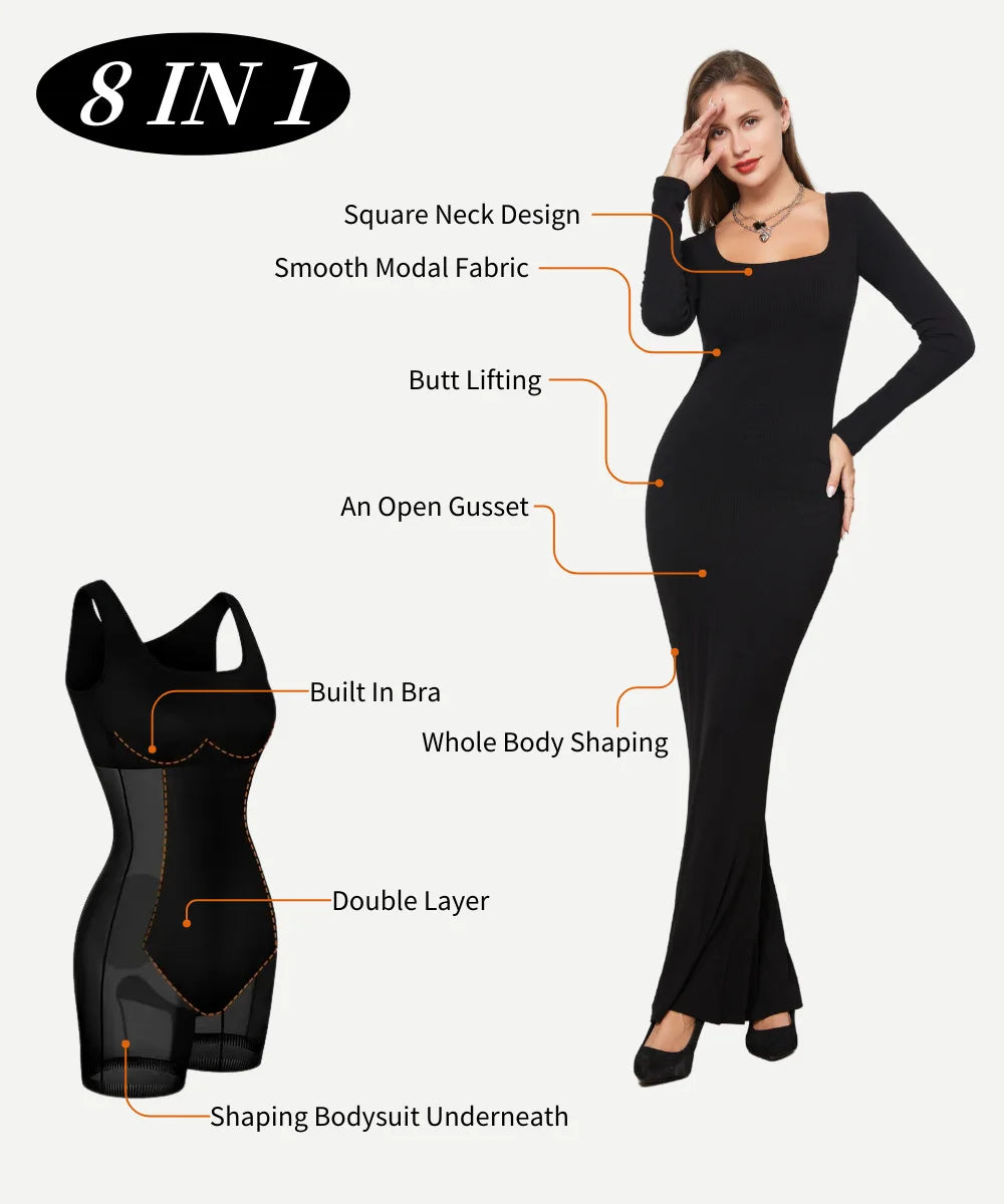 Women Long Sleeve Body Control Shapewear 2 in 1 Shapewear Clothing Dress Built in Seamless Shapewear
