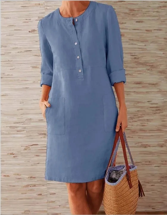 Liu Ming Wholesale Spring Elegant Women Round Neck Long Sleeve Cotton Linen Casual Midi Dress