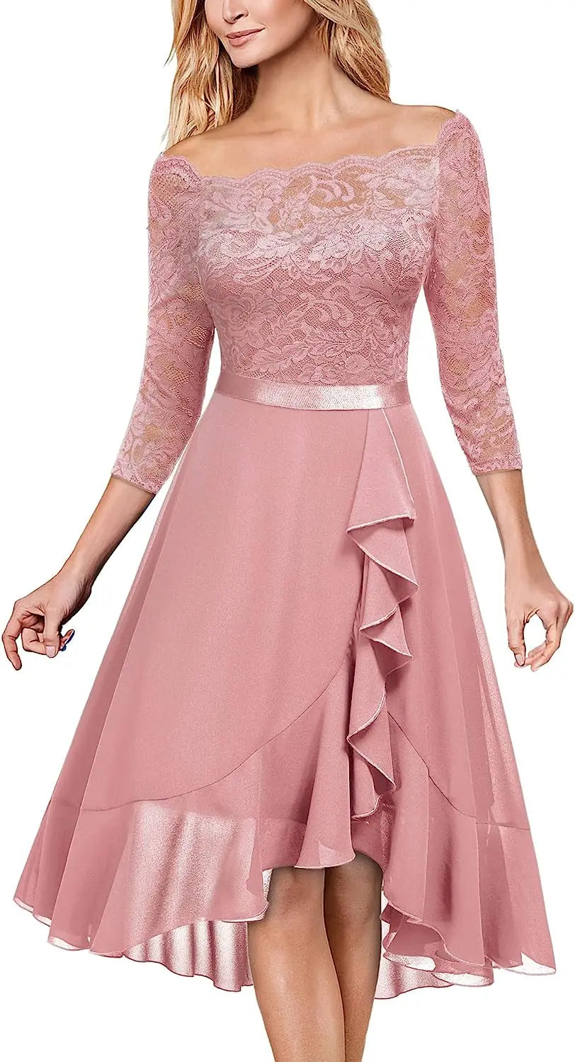 Off Shoulder Floral Lace Front Split Three Quarter Sleeves Bridesmaid Party Dress