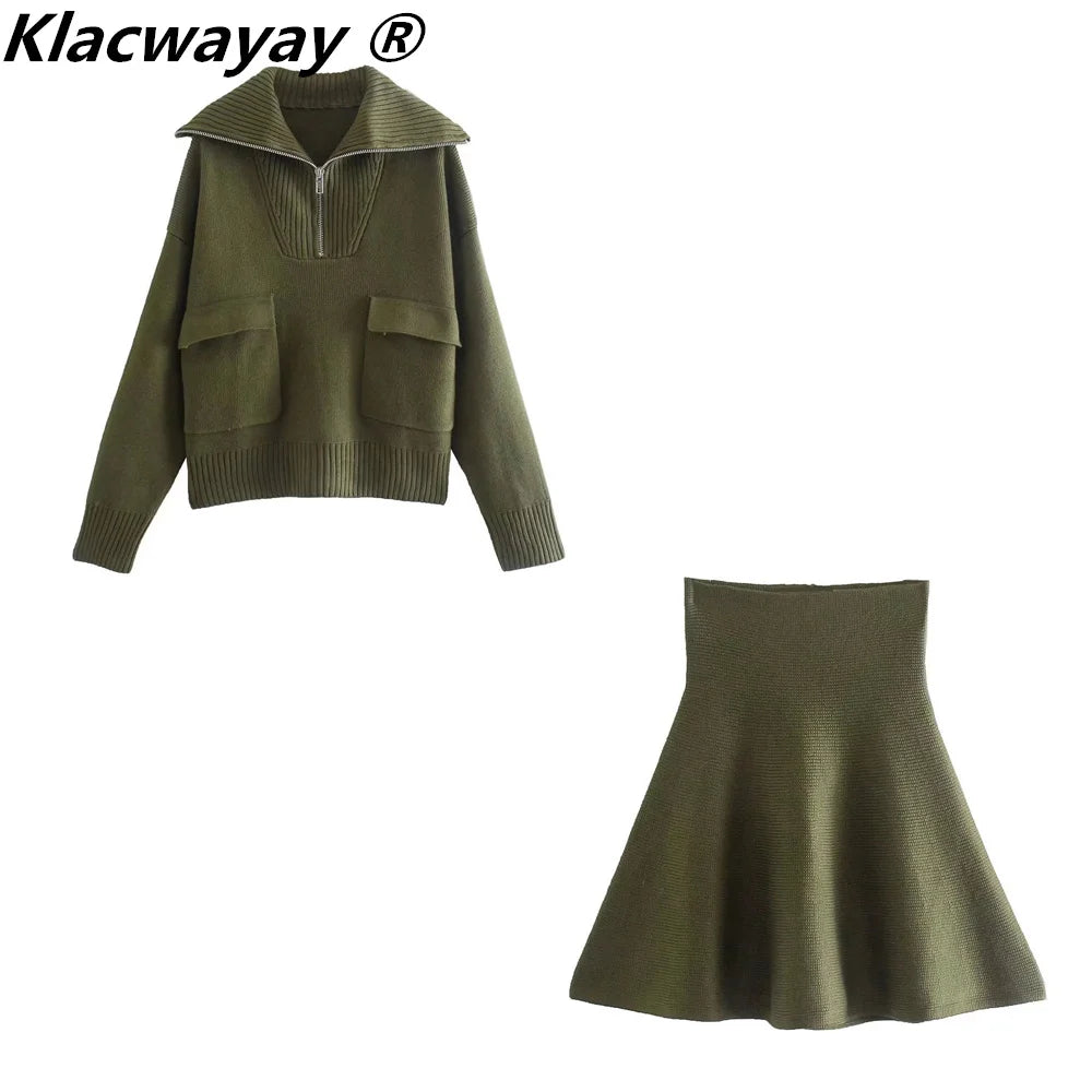 Knitted Skirt Suits For Women Two Piece Set Women Skirt Zipper Solid Color Tops High-Waisted Mini Skirt 2021 Women Knitted Suit