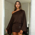 Street Style Women's Dress, Sexy Off-Shoulder Bodycon Party Gown with Bat Sleeves & Metal Buttons