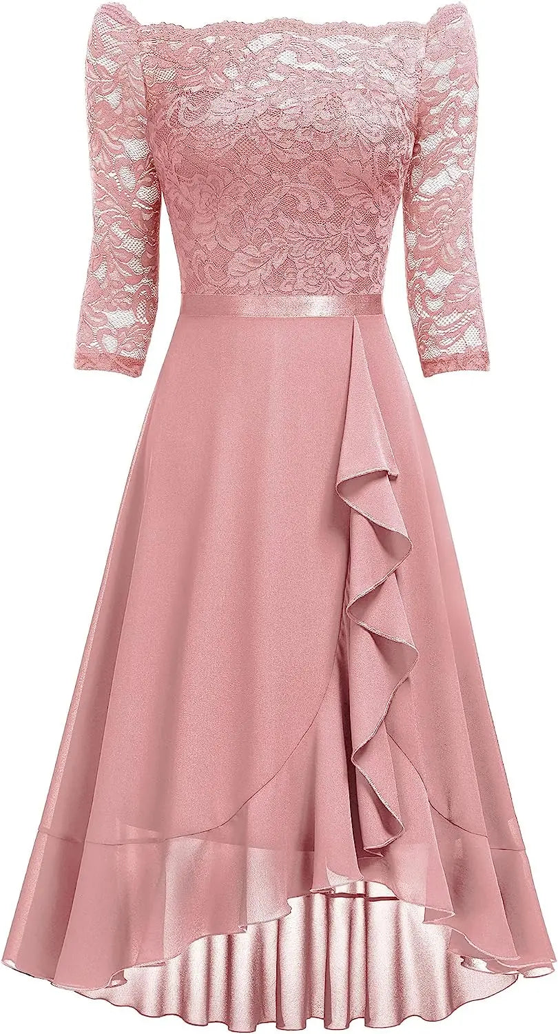 Off Shoulder Floral Lace Front Split Three Quarter Sleeves Bridesmaid Party Dress