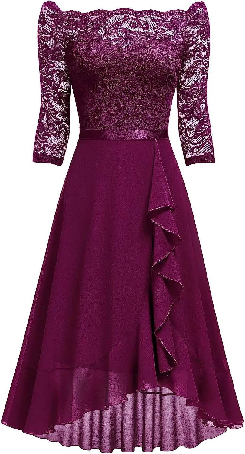 Off Shoulder Floral Lace Front Split Three Quarter Sleeves Bridesmaid Party Dress