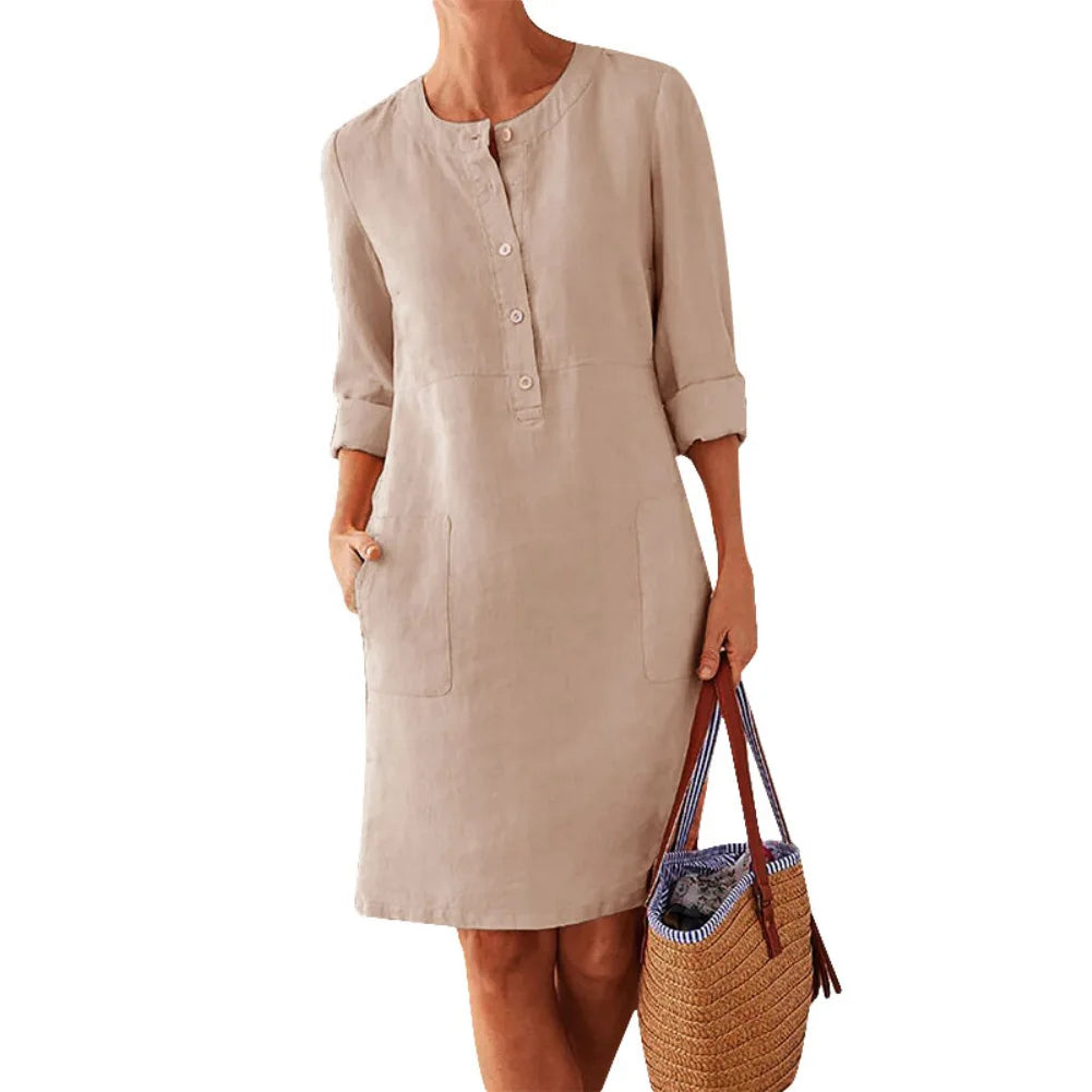 Liu Ming Wholesale Spring Elegant Women Round Neck Long Sleeve Cotton Linen Casual Midi Dress