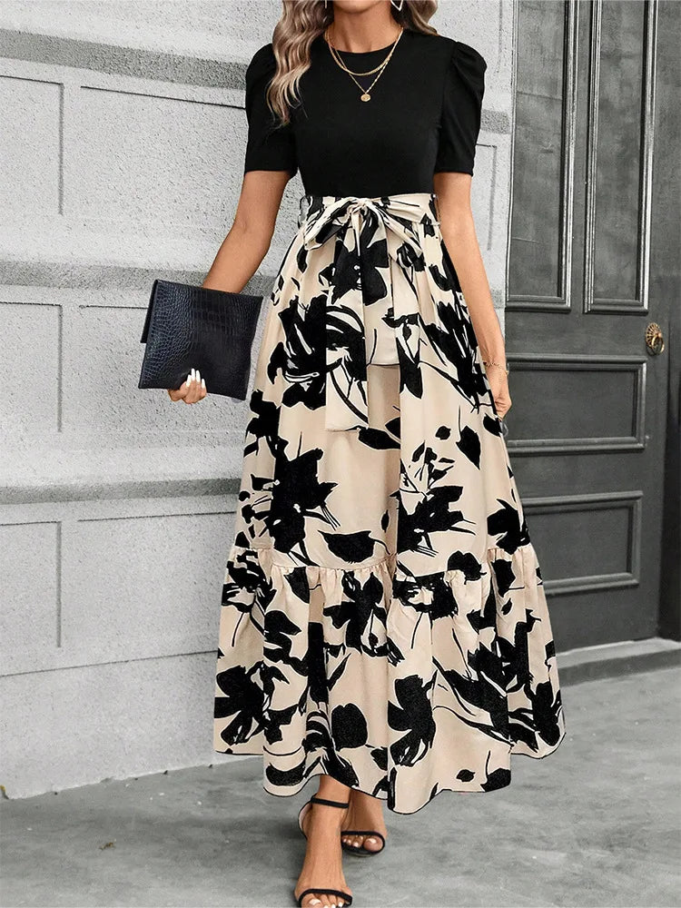 European and American Women's Flower Printed Dresses High Waist Fashion Elegant Temperament Short Sleeve Dress